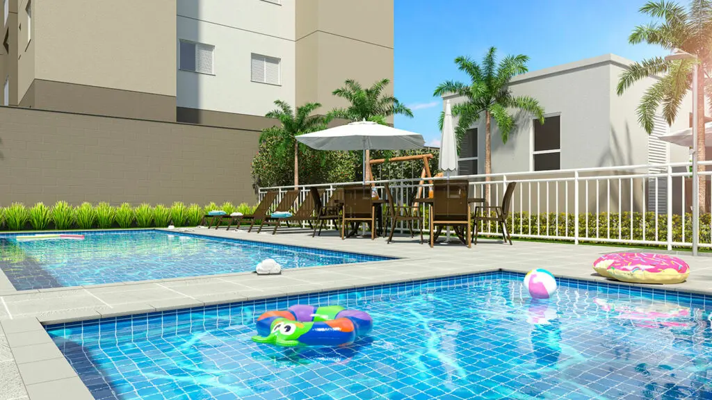 Piscinas Adulto e Infantil do Reserva Antonieta, empreendimento da Direcional em Limeira