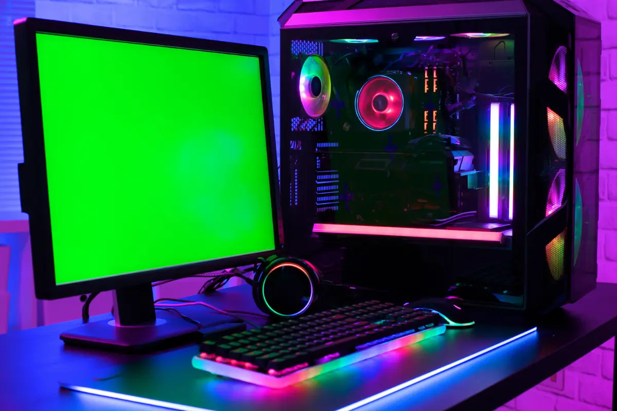 Quarto gamer com luzes coloridas.
