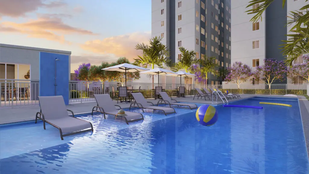 Como funciona o financiamento imobiliário na Caixa? Piscina do Condomínio Nascente Parque Sapopemba, empreendimento da Direcional em São Paulo