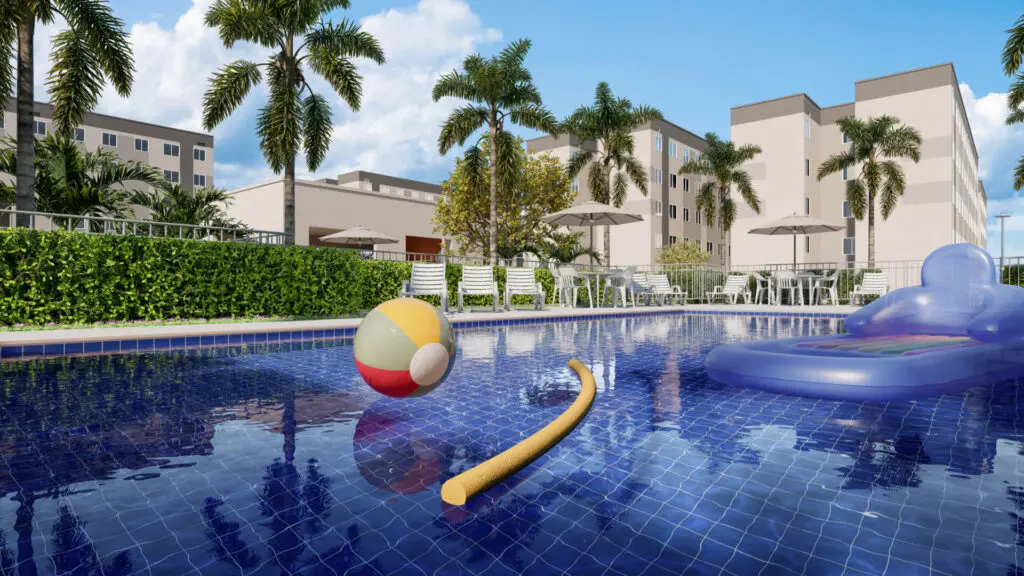Como utilizar FGTS Futuro na compra da casa própria Imagem da piscina do Viva Vida Tropical, empreendimento Minha Casa, Minha Vida da Direcional em Caucaia/CE