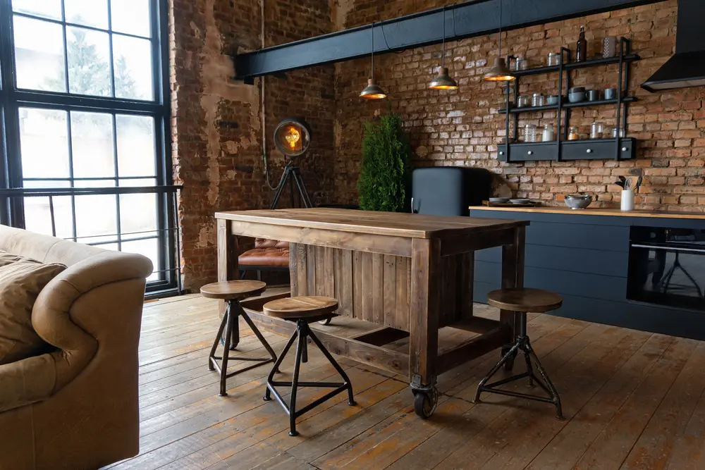 Decoração industrial com materiais rústicos na cozinha